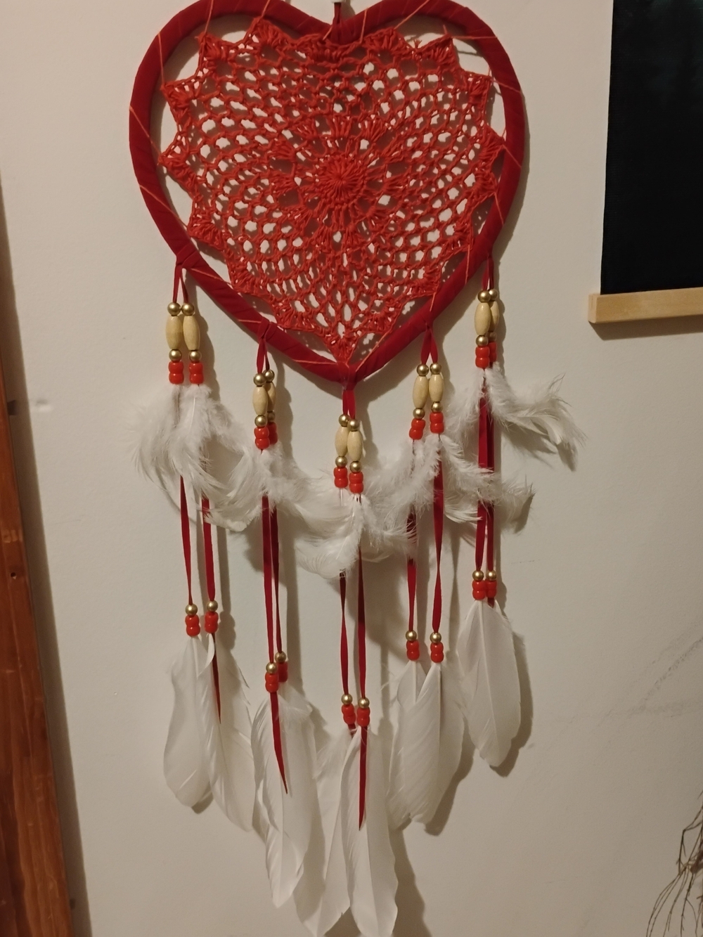 Red Heart Dreamcatcher with White Feathers